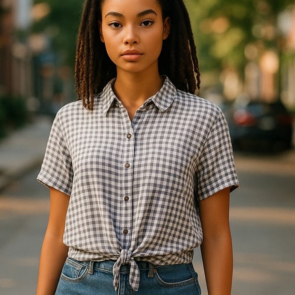 COMO VINTAGE Gray & White Check Waist Tied Boho Casual Blouse ~ Women's Plus 2X